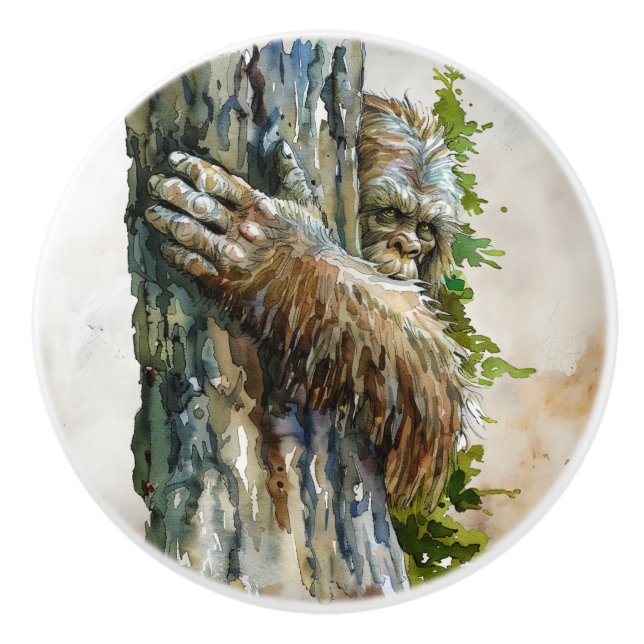 Watercolor Bigfoot Hiding Forest Ceramic Pull (Front)