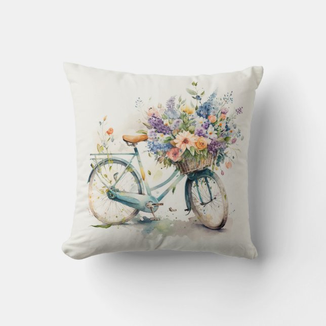 Watercolor Bike with Flower Basket Cushion (Front)