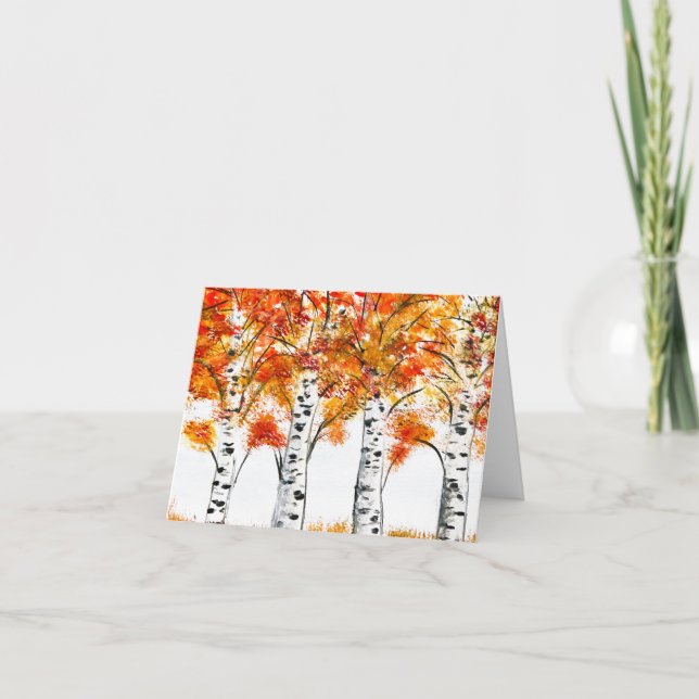 Watercolor Birches Trees Fall Autumn orange Leaves Card (Front)