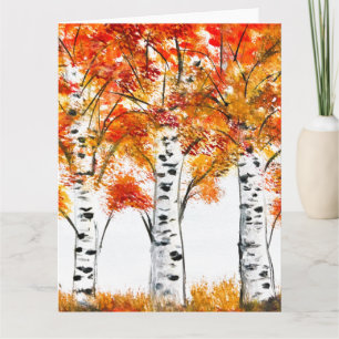 Watercolor Birches Trees Fall Autumn orange Leaves Card