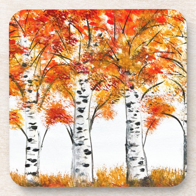 Watercolor Birches Trees Fall Autumn orange Leaves Coaster (Front)