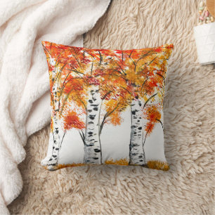Watercolor Birches Trees Fall Autumn orange Leaves Cushion