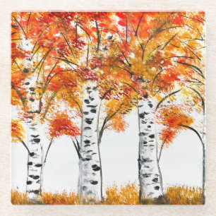 Watercolor Birches Trees Fall Autumn orange Leaves Glass Coaster