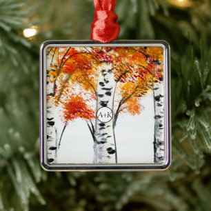 Watercolor Birches Trees Fall Autumn Wedding Metal Ornament