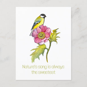Watercolor Bird and Flower Holiday Postcard