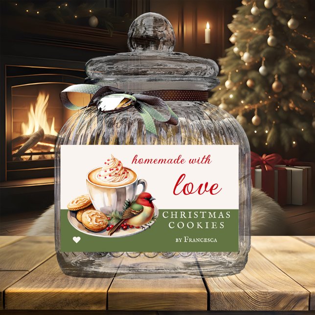 Watercolor Bird Cute Christmas Cookies  Rectangular Sticker (Festive Christmas cookies label featuring a watercolor cappuccino with cute bird and cookies)