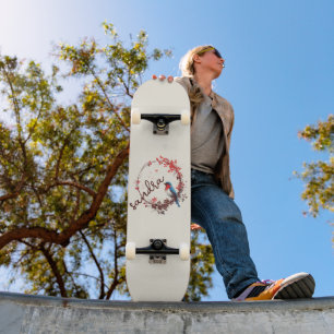 Watercolor Bird Floral Wreath Skateboard