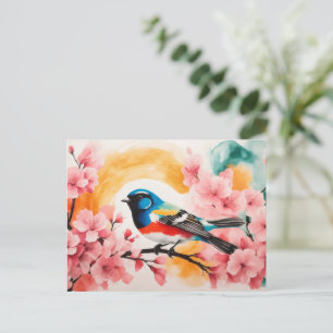 Watercolor Bird In Springtime Cherry Blossoms Postcard