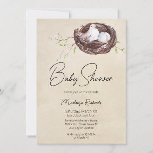 Watercolor Bird Nest and Eggs Faded Parchment Invitation