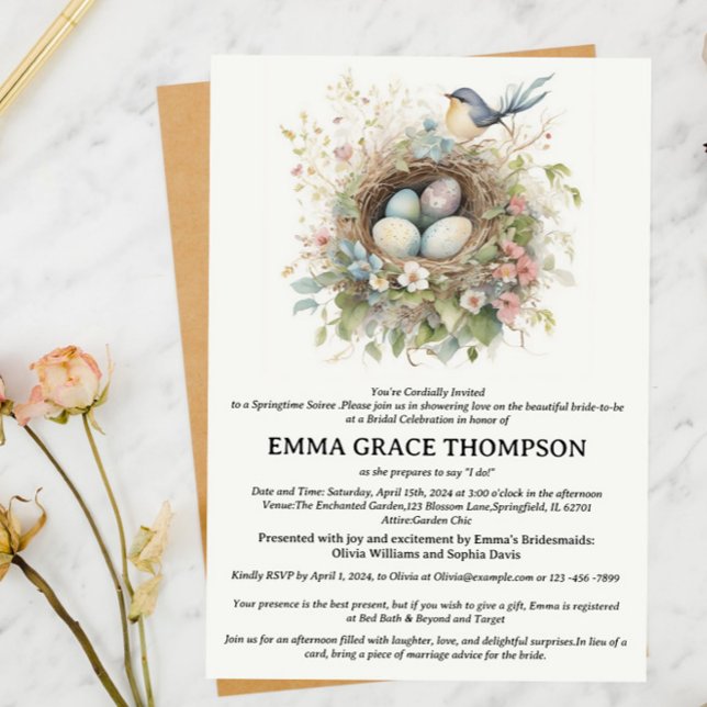Watercolor Bird Nest & Floral Spring Bridal Shower Invitation (Creator Uploaded)