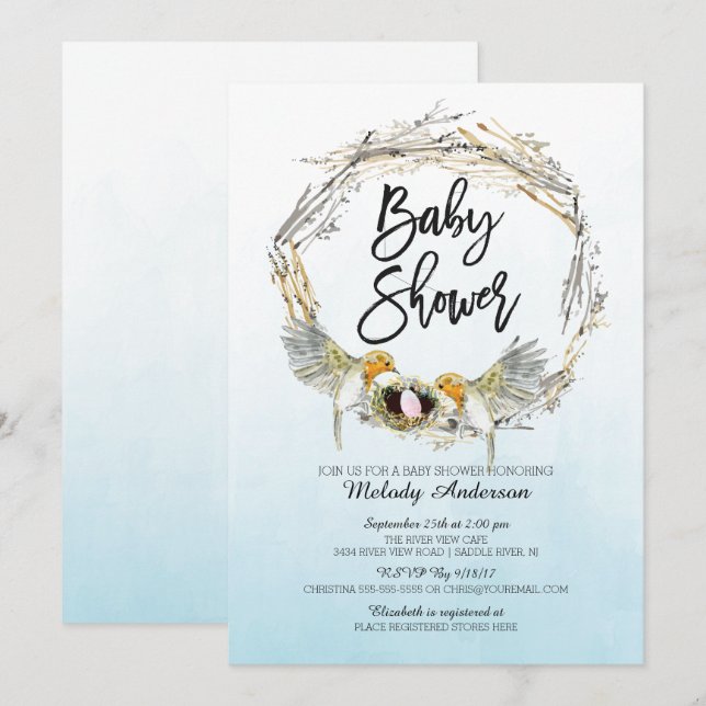 Watercolor Bird Nest Girls Baby Shower Invite (Front/Back)