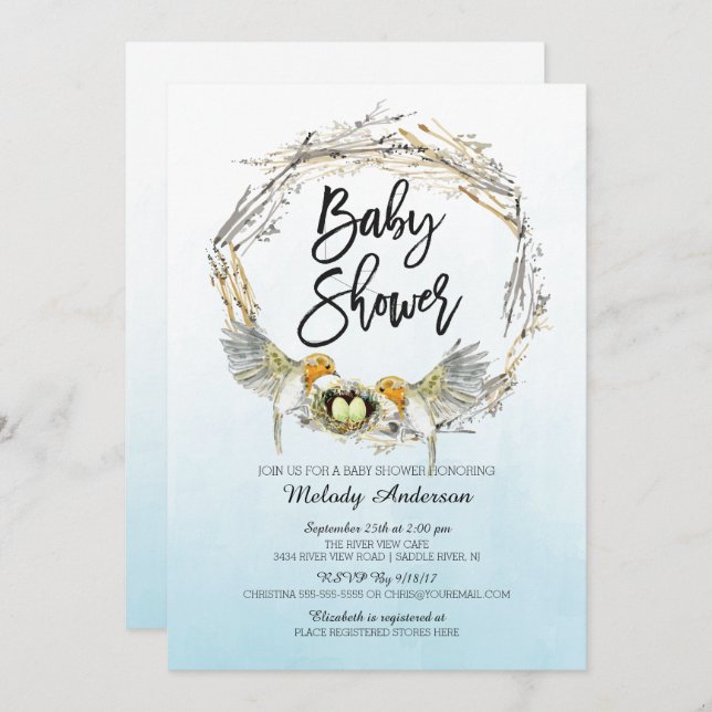 Watercolor Bird Nest Twins Baby Shower Invite (Front/Back)