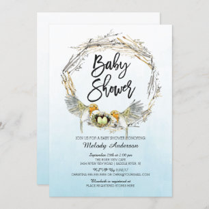 Watercolor Bird Nest Twins Baby Shower Invite