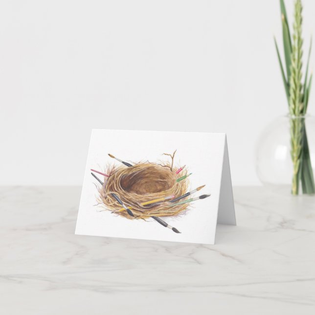 Watercolor Bird Nest with Art Brushes Note Card (Front)