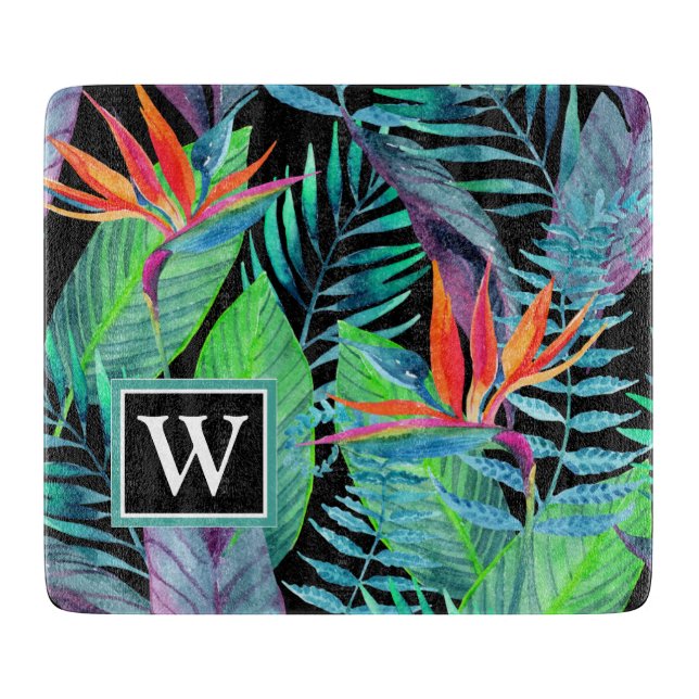 Watercolor Bird Of Paradise | Add Your Initial Cutting Board (Front)