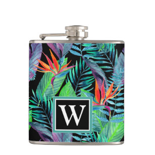 Watercolor Bird Of Paradise Add Your Initial Hip Flask