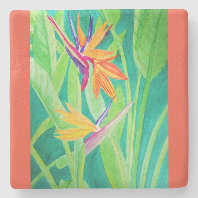 Watercolor Bird of Paradise Flowers Stone Coaster (Front)