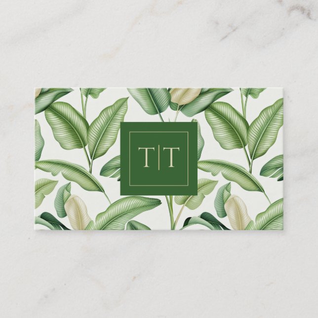 Watercolor Bird of Paradise Leaves Monogram  Business Card (Front)