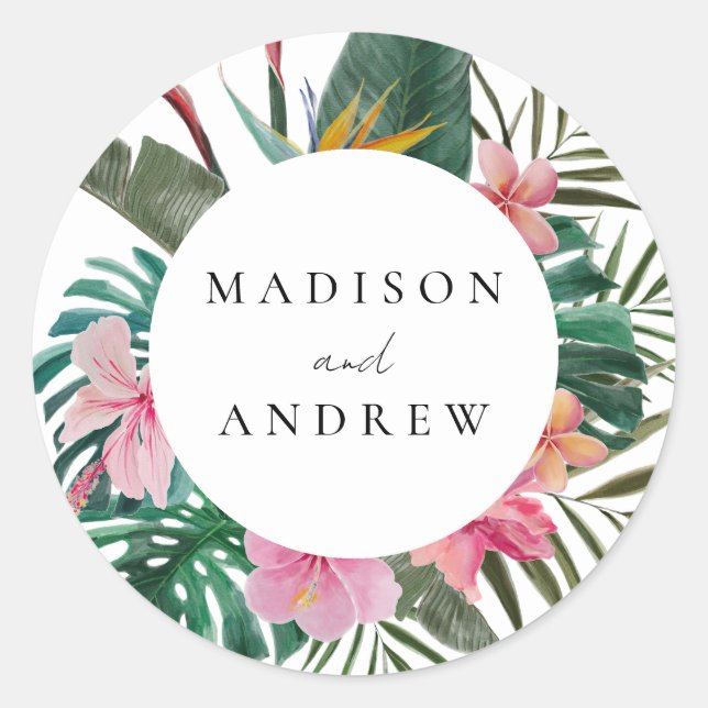 Watercolor Bird of Paradise Wreath Wedding  Classic Round Sticker (Front)