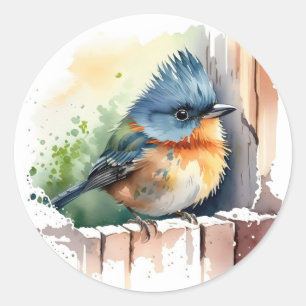 Watercolor Bird On A Fence Classic Round Sticker