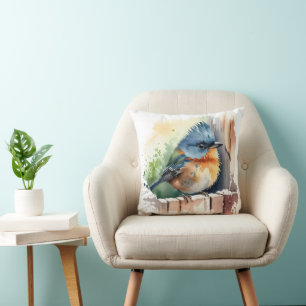Watercolor Bird On A Fence Cushion