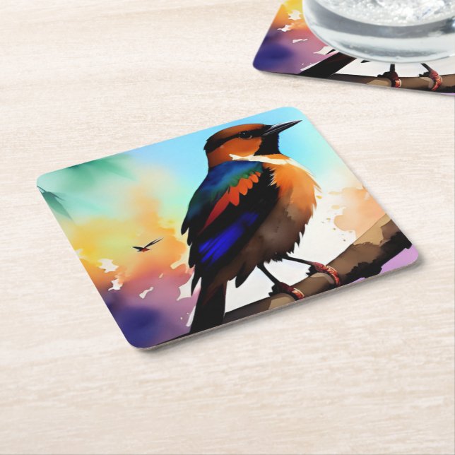 Watercolor bird on branch square paper coaster (Angled)