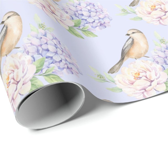Watercolor Bird on Hydrangea Wrapping Paper (Roll Corner)