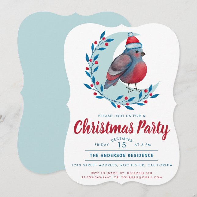 Watercolor Bird On Moon Christmas Party Invitation (Front/Back)