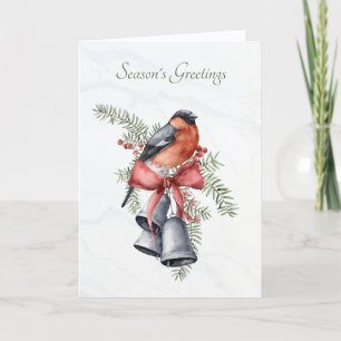 Watercolor Bird with Bells and Pine Branches Holiday Card