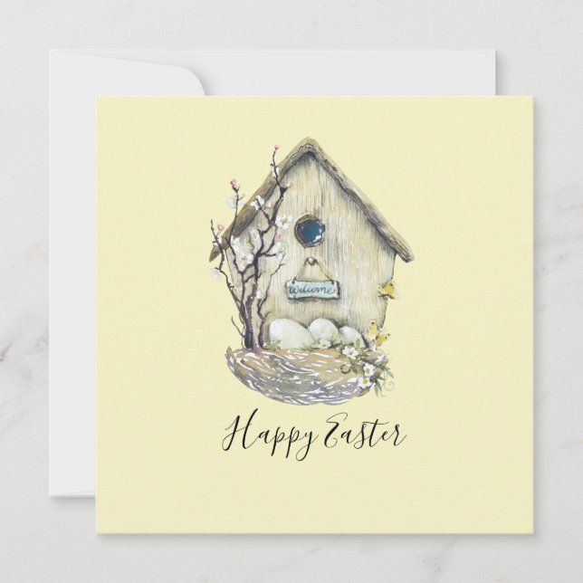 Watercolor Birdhouse Egg Nest Easter Card (Front)