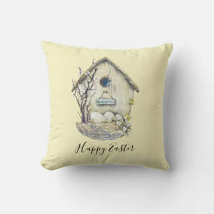 Watercolor Birdhouse Egg Nest Easter Cushion
