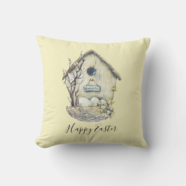 Watercolor Birdhouse Egg Nest Easter Cushion (Front)