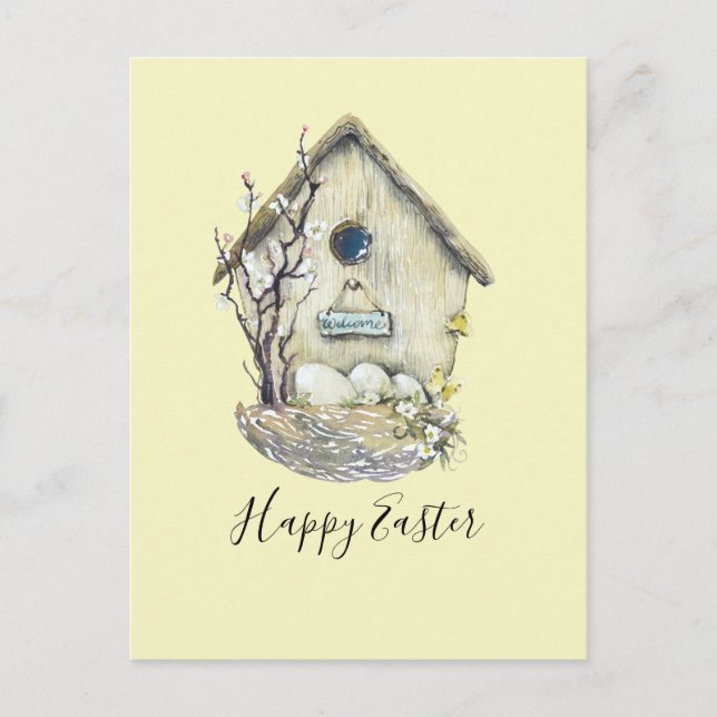 Watercolor Birdhouse Egg Nest Easter Postcard (Front)