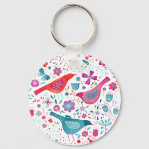 Watercolor Birds and Flowers Colourful Painting Key Ring