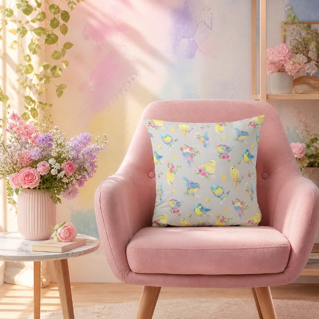 Watercolor Birds and Flowers Pattern hand drawn Cushion (Add warmth, charm and joy to every moment.)