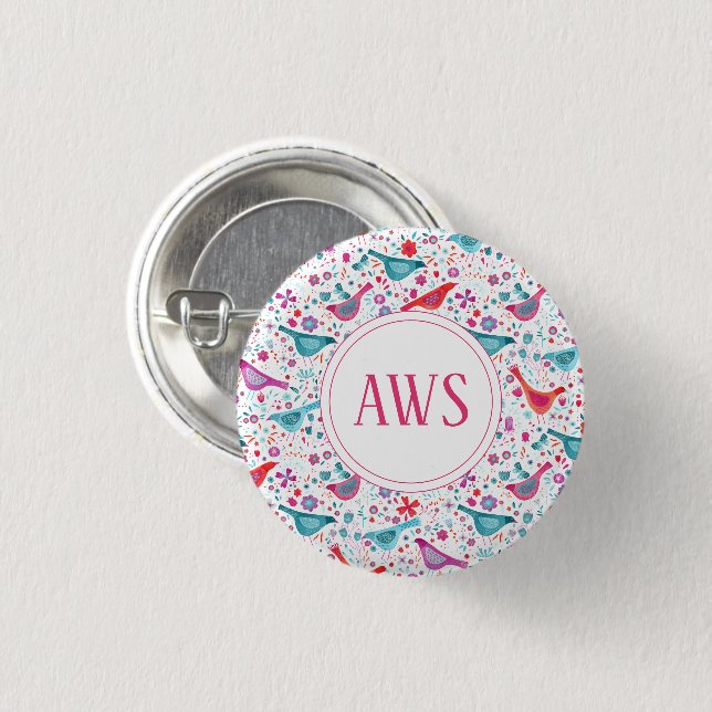 Watercolor Birds Bright Monogram 3 Cm Round Badge (Front & Back)