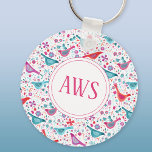 Watercolor Birds Bright Monogram Key Ring<br><div class="desc">Watercolor painting of birds in a garden of bright orange,  pink and teal wild flowers.
Change the monogram initials to customize.</div>