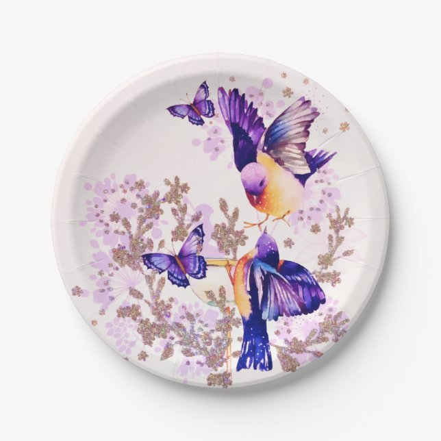 Watercolor Birds Floral Purple Glitter Paper Plate (Front)