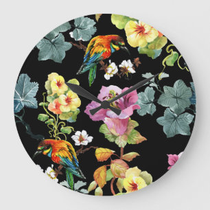 Watercolor Birds Flowers: Colorful Seamless. Large Clock