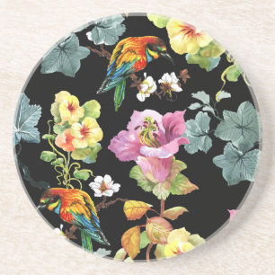 Watercolor Birds Flowers: Colourful Seamless. Coaster
