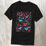 Watercolor Birds in a Garden Boho T-Shirt<br><div class="desc">Watercolor painting of birds in a garden of pink and teal wild flowers.</div>