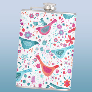 Watercolor Birds in a Garden Floral Teal Pink Hip Flask