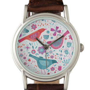 Watercolor Birds in a Garden of Flowers Painting Watch