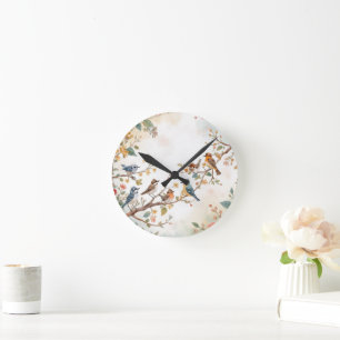 Watercolor Birds in Bloom Round Clock