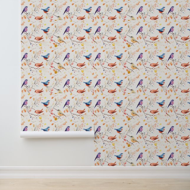 Watercolor Birds on Branch Pattern Wallpaper (Application)