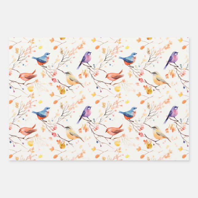 Watercolor Birds on Branch Pattern Wrapping Paper Sheet (Front)