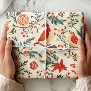 Watercolor Birds Vintage Christmas Wrapping Paper