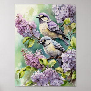 Watercolor Birds with Blooming Lilac Flowers Poster