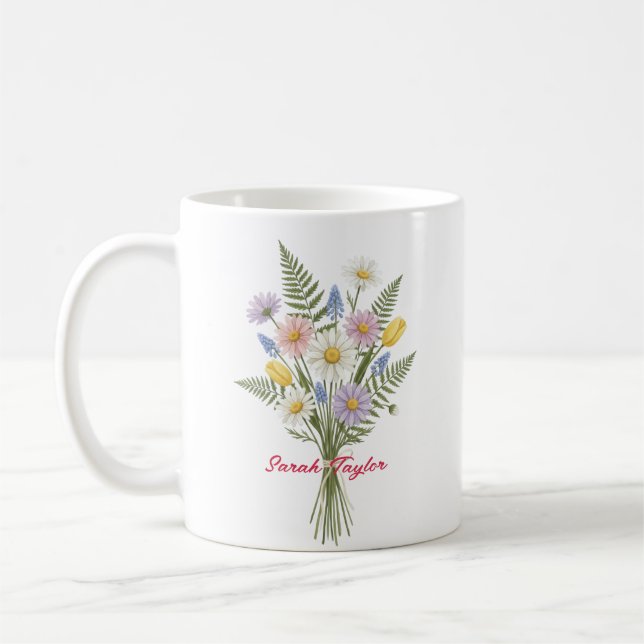 Watercolor Birth Flower Daisy Personalized Mug (Left)