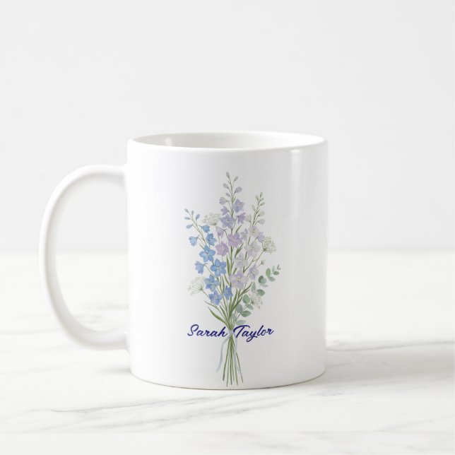 Watercolor Birth Flower Larkspur Custom Coffee Mug (Left)